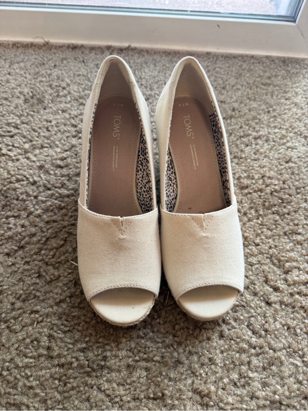 TOMS Cream Canvas Peep-Toe Wedge Heels